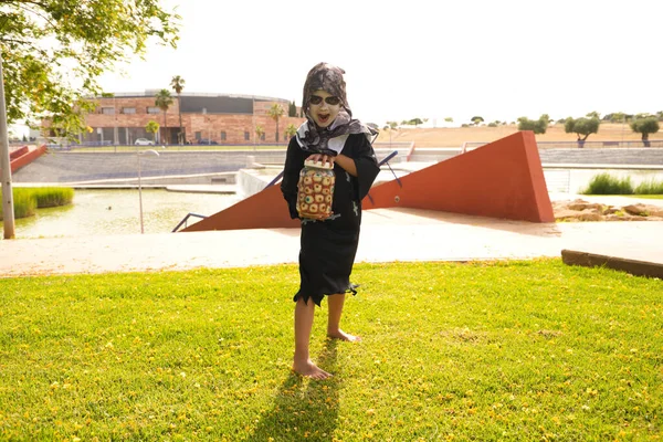 Happy Halloween Child Costume Halloween Party Holds His Hands Jar — 图库照片