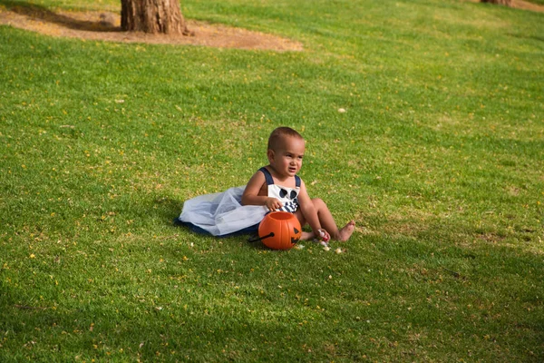 Щасливого Хеллоуїна Хлопчик Сидить Парку Костюмі Грає Цукерками Цукерками Апельсиновим — стокове фото
