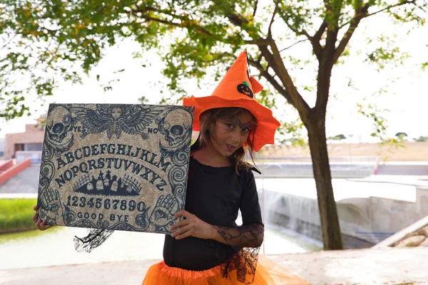 Happy Halloween Little Girl Dressed Witch Orange Hat Orange Skirt — Stockfoto