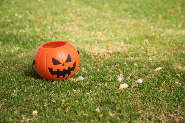 Happy Halloween Detail Some Candies Sweets Orange Pumpkin Lawn Park — Stok fotoğraf