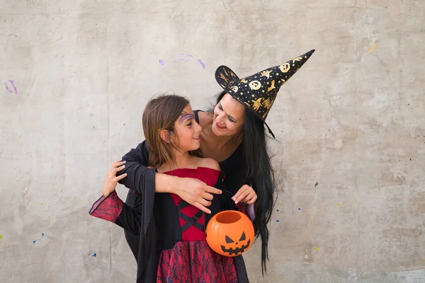 Happy Halloween Cute Young Woman Girl Dressed Witches Grey Background —  Fotos de Stock