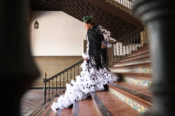 Beautiful Teenage Woman Dancing Flamenco White Dress Black Polka Dots — Stockfoto