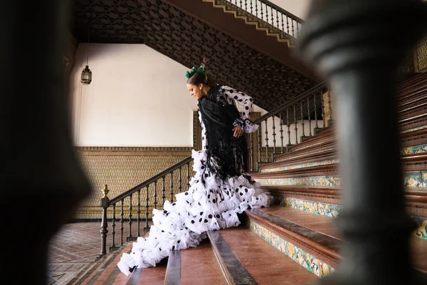 Beautiful Teenage Woman Dancing Flamenco White Dress Black Polka Dots — Stockfoto