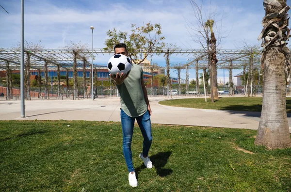 Handsome Young Man Holds Football His Hand Shows Camera Focus — Stock Photo, Image