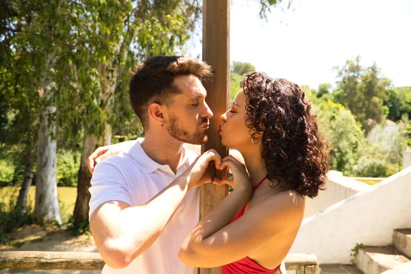 couple of latin lovers leaning on a wooden poster form a heart with their hands and kiss each other. They are very happy and in love. They are bachata dancers. Latin dance concept.