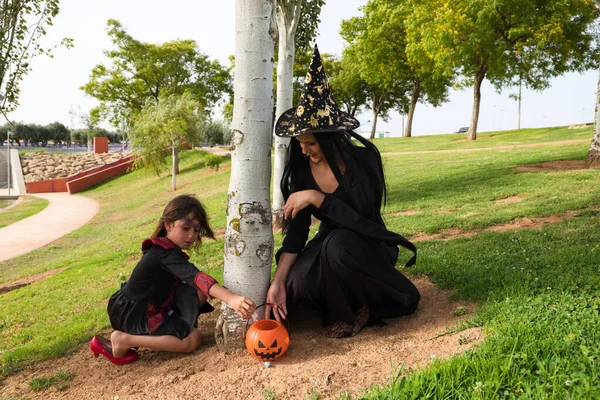 Happy halloween. Young beautiful woman and girl dressed as witches next to a tree and with a pumpkin to collect candy and sweets. Trick or treat. 31st October.