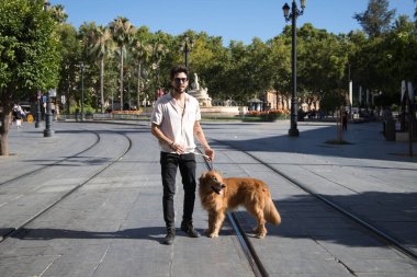 young latin man with sunglasses and beard and his brown golden retriever dog walking in the streets of a big european city. Concept pets, animals, dogs, love to retriever pets.