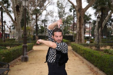 Uzun saçlı ve sakallı, flamenko dansı yapan yakışıklı çingene adam Seville şehrinde bir parkta dans ediyordu. Flamenko, dans, kültür, turizm ve sanat kavramı.