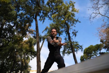 Uzun saçlı çingene adam Seville 'deki bir parkta açık hava sahnesinde flamenko yapıyor ve farklı pozlar veriyor. Flamenko dans konsepti insanlığın kültürel mirası.