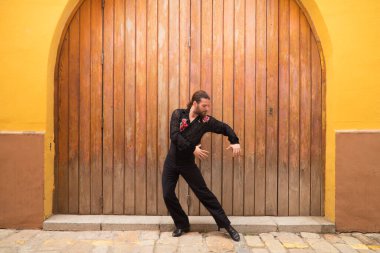 Siyah tişört ve kırmızı güllerle flamenko yapan adam ahşap bir kapının arkasında dans ederken farklı duruşlar sergiliyor. Flamenko dans konsepti insanlığın kültürel mirası. Tutkuyu hisset.