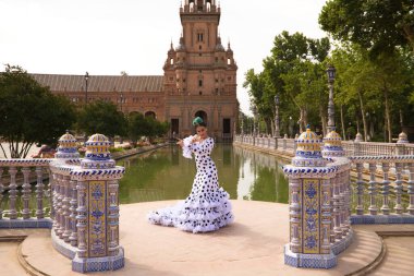 Flamenko dansçısı kadın, tipik bir kostüm ve puantiyeli güzel esmer kız parkta bir meydanda kanal kenarında dans ediyor. Flamenko dünya kültür mirası konsepti.