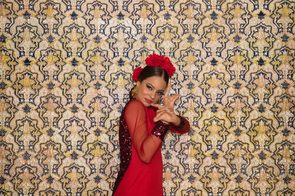 Красивая Девушка Подросток Танцует Фламенко Разных Позах Фламенко Фоне Типичных — стоковое фото