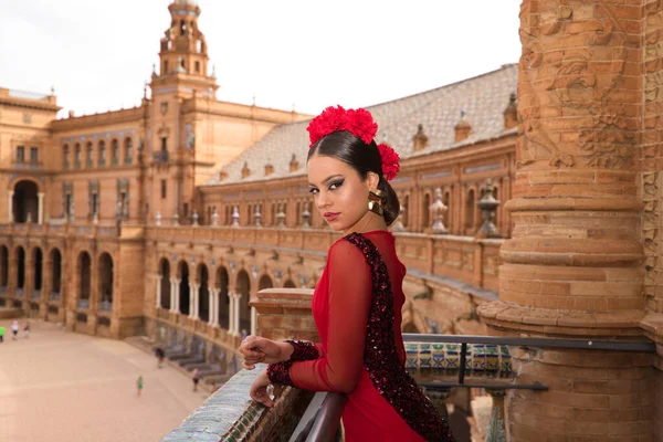 Beautiful Teenage Woman Dancing Flamenco Balcony Square Seville She Wears — 图库照片