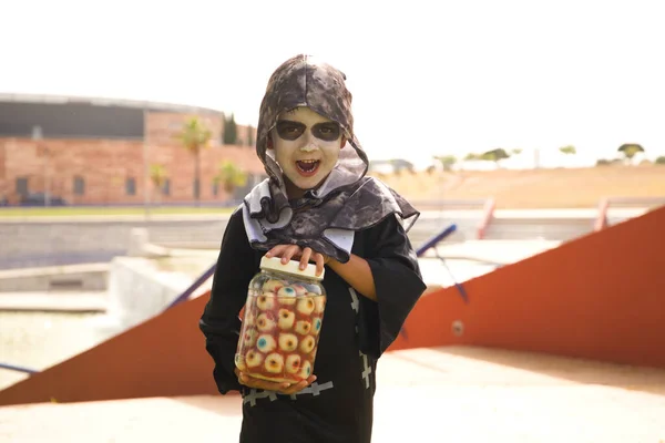 Happy Halloween Child Costume Halloween Party Holds His Hands Jar — 스톡 사진
