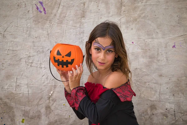 Happy Halloween Cute Little Girl Dressed Witch Halloween Party Grey — 스톡 사진