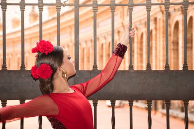 Beautiful teenage woman dancing flamenco in a square in Seville, Spain. She wears a red dress with ruffles and dances flamenco with a lot of art. Flamenco cultural heritage of humanity.