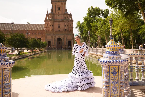 Flamenco Dancer Woman Beautiful Brunette Teenager Dressed Typical Costume Ruffles — Stok fotoğraf