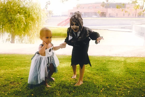 Happy Halloween Two Children Dressed Halloween Party Older Boy Scares — 스톡 사진