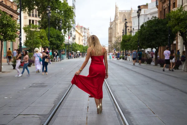 Beautiful Young Woman Red Silk Dress Walking Tram Tracks Big —  Fotos de Stock