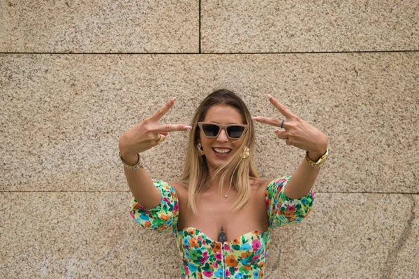 Young Beautiful Blonde Woman Sunglasses Leaning Brown Wall Different Postures — Stockfoto