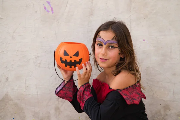 Happy Halloween Cute Little Girl Dressed Witch Halloween Party Grey — Stockfoto