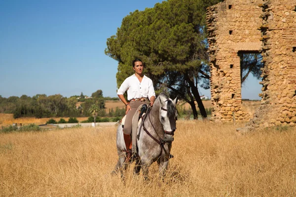 Молода Красива Іспанка Конях Торольбрідом Конкуренції Жінка Вийшла Підготувати Коня — стокове фото