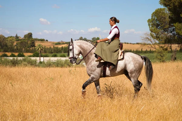 Young Beautiful Spanish Woman Thoroughbred Horse Riding Countryside Spain Woman — Stock Photo, Image
