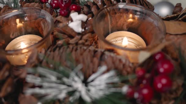 Gros Plan Deux Lampes Thé Feu Dans Une Décoration Noël — Video