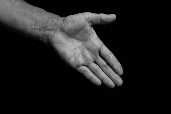 Extendida Mano Saludo Anciano Aislado Sobre Fondo Negro Blanco Negro — Foto de Stock