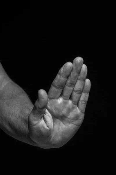 Outstretched Left Hand Palm Forward Black Background Black White — Stock Photo, Image