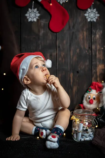 Noel kurabiyesi arayan tatlı erkek bebek. Bebeğin ilk Noel 'i.