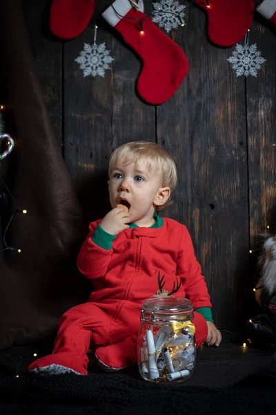 Cute Blonde Baby Boy Eating Christmas Cookies Baby First Christmas — Stock Photo, Image