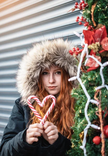 Young girl eating candy at christmas. Christmas time is here.