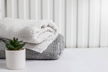 Beyaz bir sırt çantasındaki havlular. İki yumuşak havlu. Sağlık.