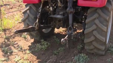 Çiftlikte çalışan kırmızı traktör.