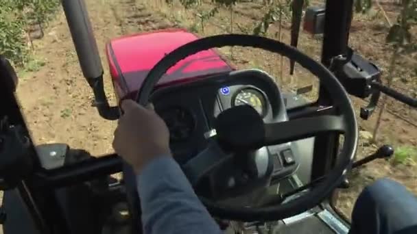 Tractor Rojo Trabajando Granja — Vídeos de Stock