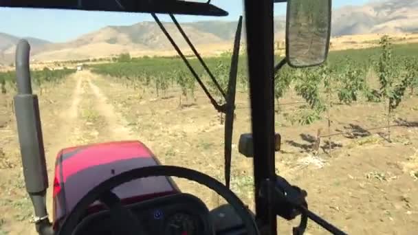 Tractor Rojo Trabajando Granja — Vídeos de Stock