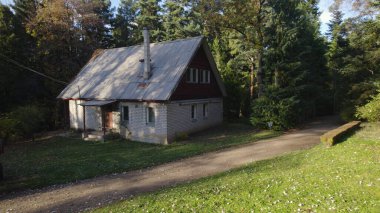 Ormandaki çiftçi evinin yanındaki eski kırmızı traktör.