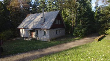 Ormandaki çiftçi evinin yanındaki eski kırmızı traktör.