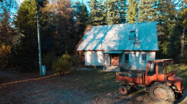 Ormandaki çiftçi evinin yanındaki eski kırmızı traktör.