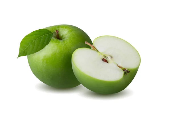 Green Apple Green Leaf Cut Slice Seed Isolated White Background — Stock Photo, Image