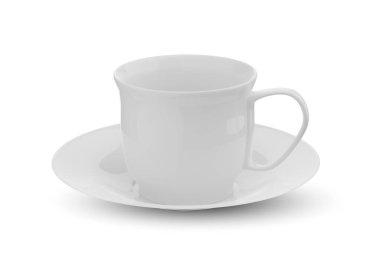 Beyaz arkaplanda boş beyaz kahve fincanı, 3 boyutlu görüntüleme