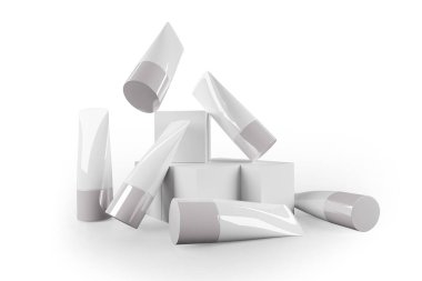 Kozmetik tüpü. Beyaz renkli 3 boyutlu krem tüpleri. Plastik jel paket beyaz başlık. Yüz kremi kabı şablonu. Gerçekçi makyaj ürünü. El merhemi parlatıcı ambalaj