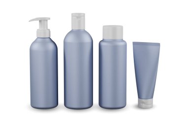 Kozmetik boru seti. Beyaz renkli 3 boyutlu krem tüpleri. Plastik jel paket beyaz başlık. Yüz kremi kabı şablonu. Gerçekçi güzellik makyaj ürünü.