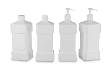 Temizlik ürünleri şampuan veya sıvı çamaşır deterjanı için beyaz plastik şişeler ve beyaz pompa başı, Paket 3D model izole edildi