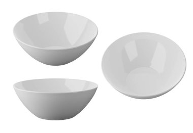 Beyaz arka planda izole edilmiş beyaz kase seti 3B görüntüleme