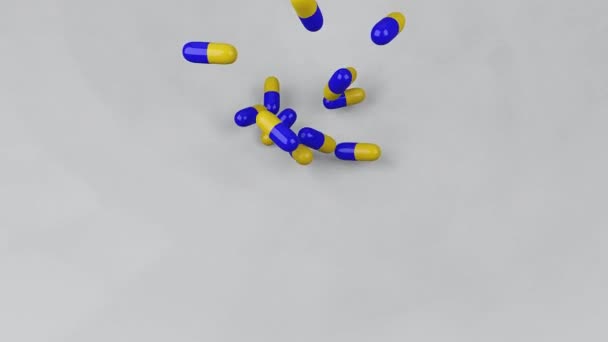 Κοντινό Πλάνο Των Μπλε Και Κίτρινα Χάπια Που Πέφτουν Στο — Αρχείο Βίντεο