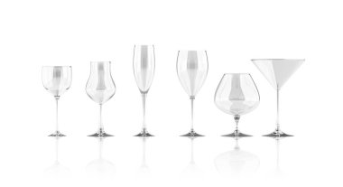 Set of Perfect Glassware for Your Drink isolated on white background. 3D rendering
