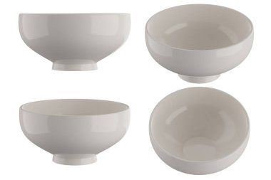 Beyaz arka planda beyaz seramik kase. 3B görüntüleme