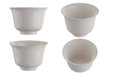 Beyaz arka planda beyaz seramik kase. 3B görüntüleme